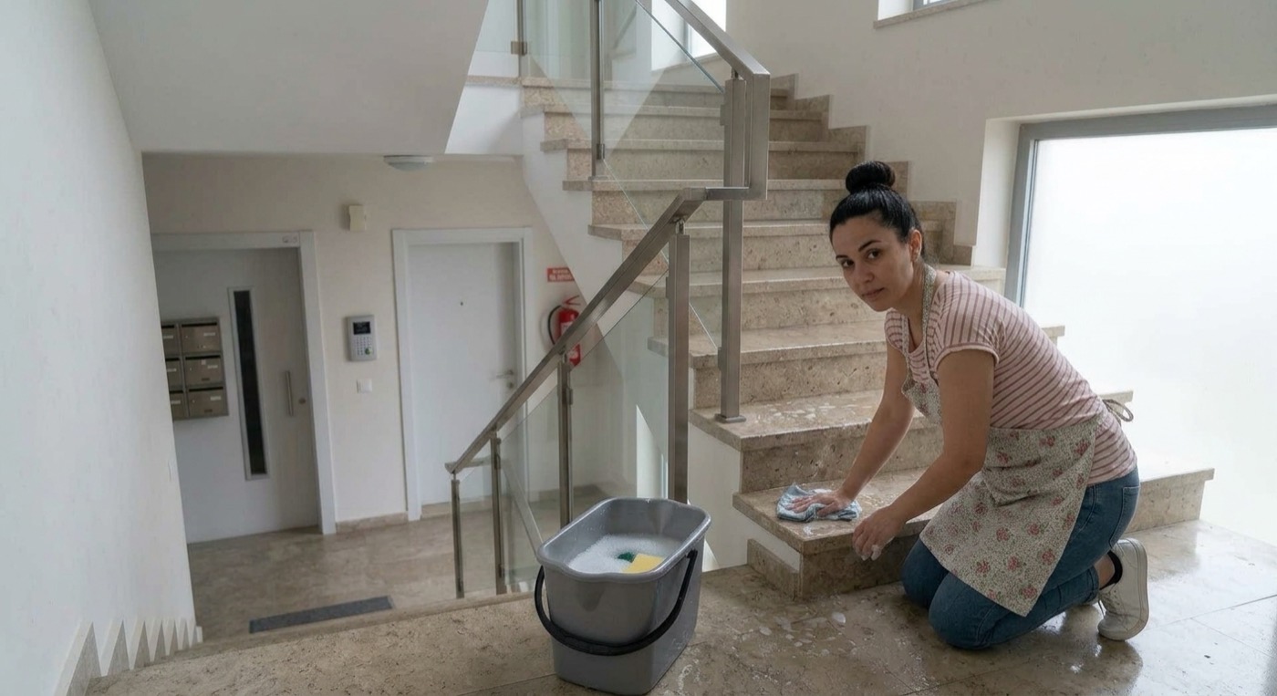 Apartman temizliği: merdiven basamaklarının ve kat sahanlığının silinmesi